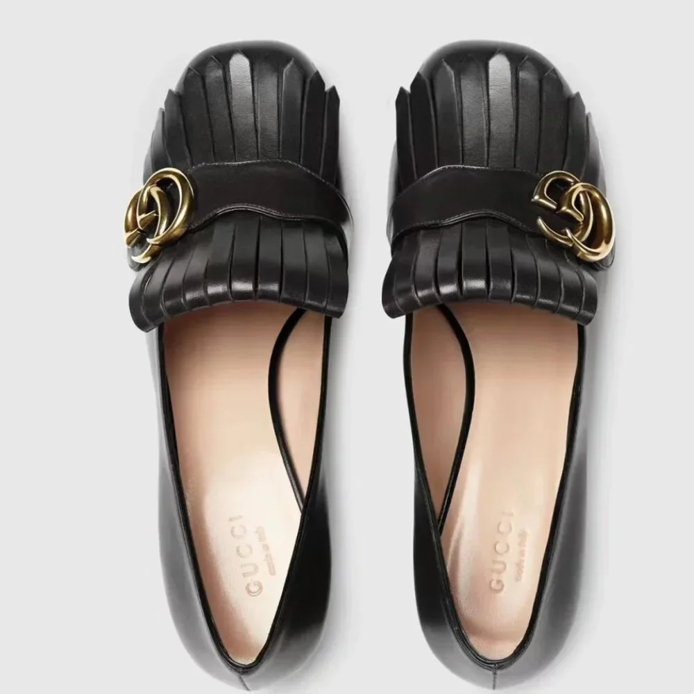NIB Gucci Women's Black Leather Mid-Heel Marmont Pump Size 34.5 - Picture 5 of 8